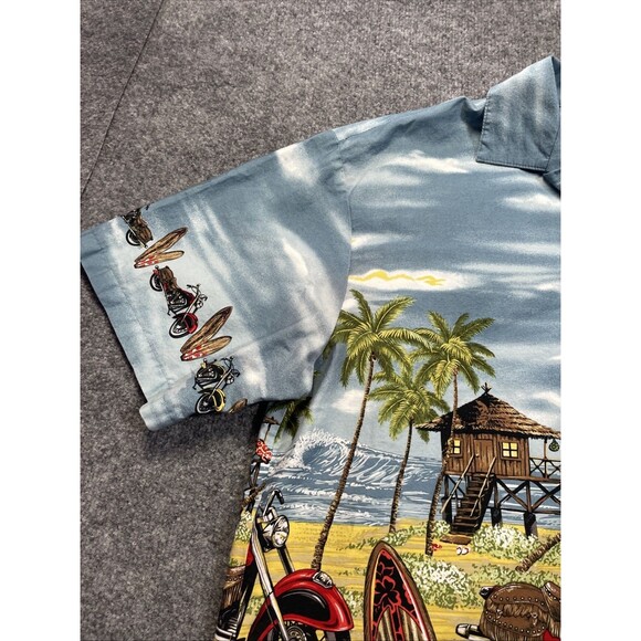 Ky's Hawaiian Shirt Men's Large Cotton Motorcycles Surfboards Tiki Hut Button-Up - Picture 5 of 16